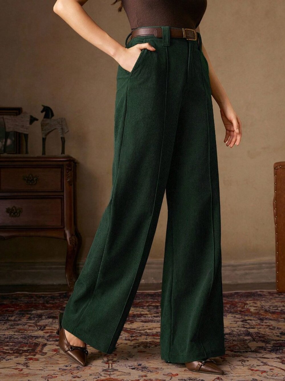 Dark Green Casual Women's Corduroy Trousers with Belt - Picture 5 of 7